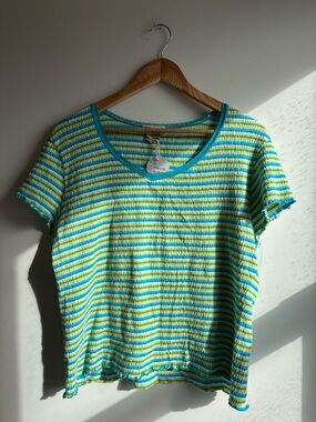 Faded Glory Striped Short Sleeve Ruffle Hem Tee - Blue, Green, White